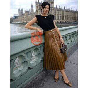 ZARA High-Waisted Whiskey Brown Pleated Midi Skirt NWT